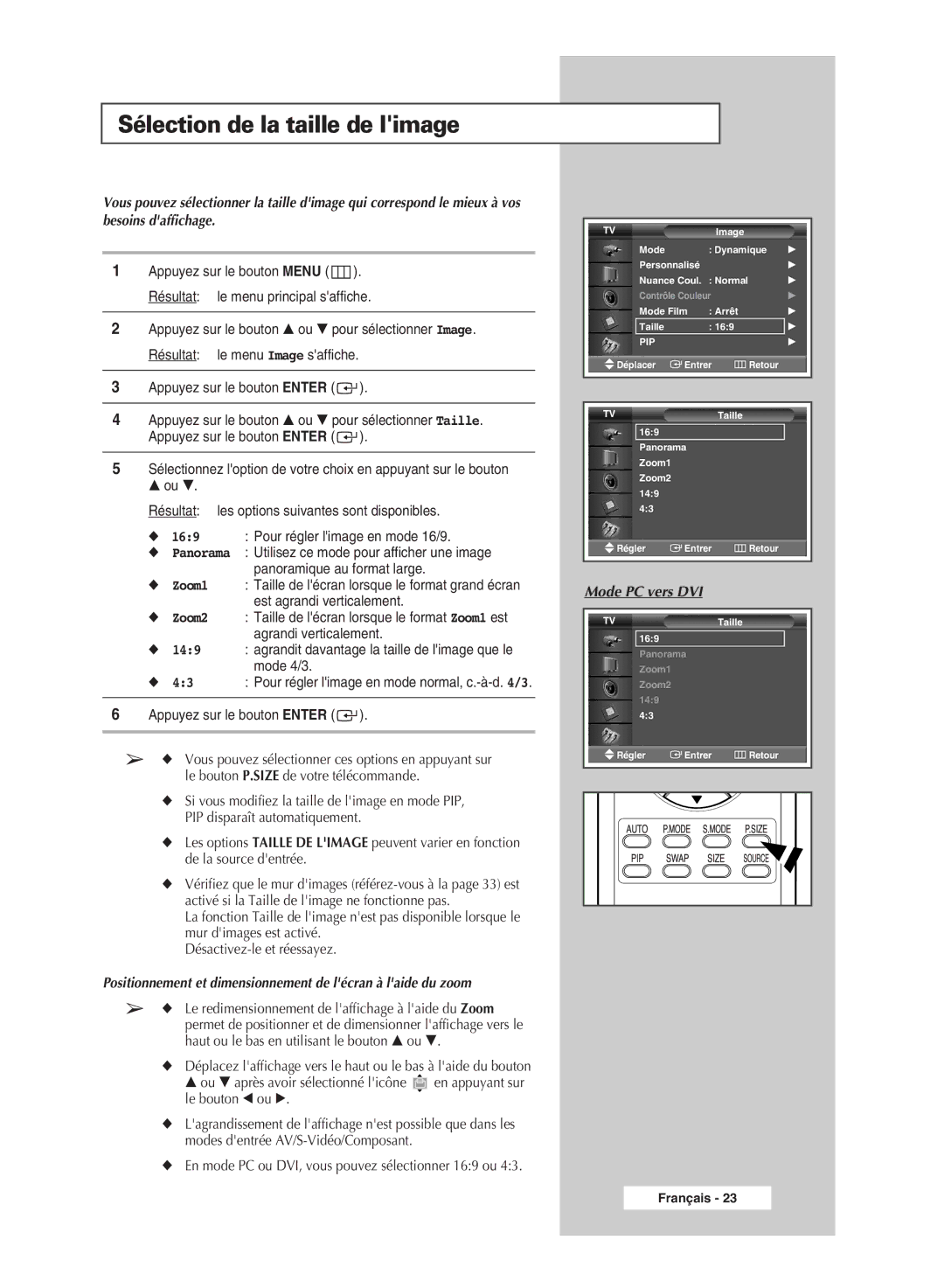 Samsung PPM63M5HSX/EDC manual Sélection de la taille de limage, Positionnement et dimensionnement de lécran à laide du zoom 