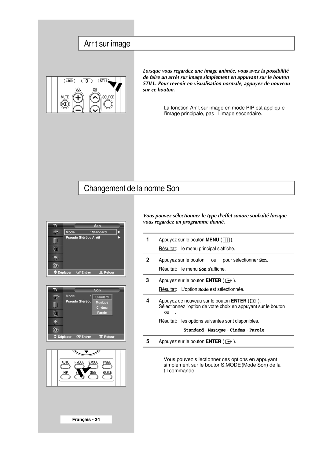 Samsung PPM42M5SSX/EDC, PPM42M5HSX/EDC manual Arrêt sur image, Changement de la norme Son, Standard Musique Cinéma Parole 