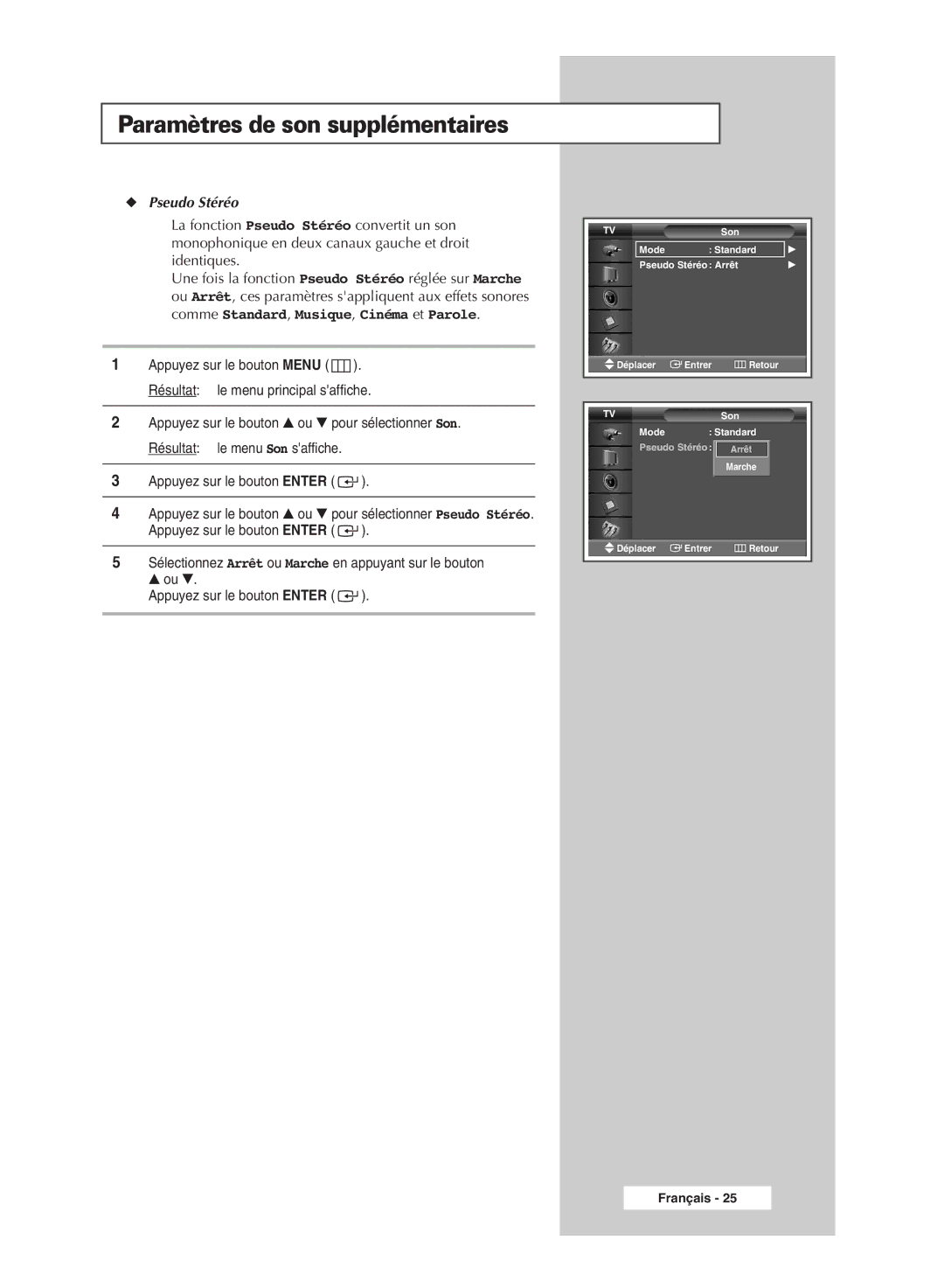 Samsung PPM42M5HSX/EDC, PPM42M5SSX/EDC, PPM50M5HSX/EDC, PPM63M5HSX/EDC manual Paramètres de son supplémentaires, Pseudo Stéréo 