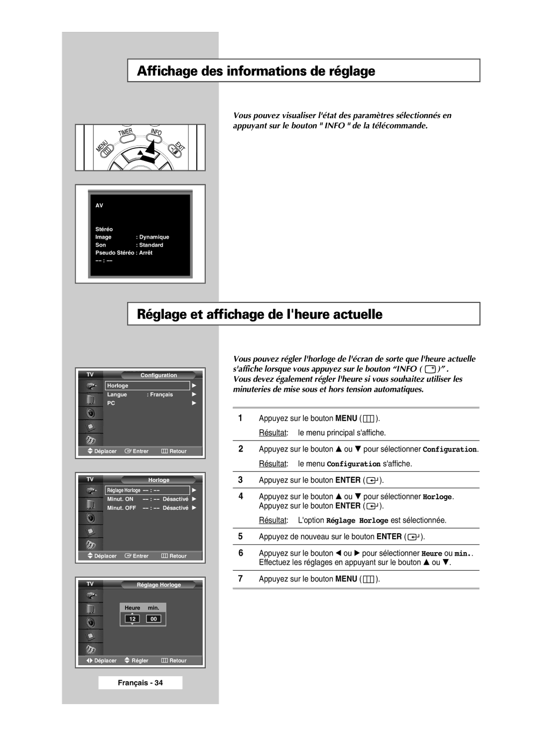 Samsung PPM50M5HSX/EDC, PPM42M5SSX/EDC manual Affichage des informations de réglage, Réglage et affichage de lheure actuelle 