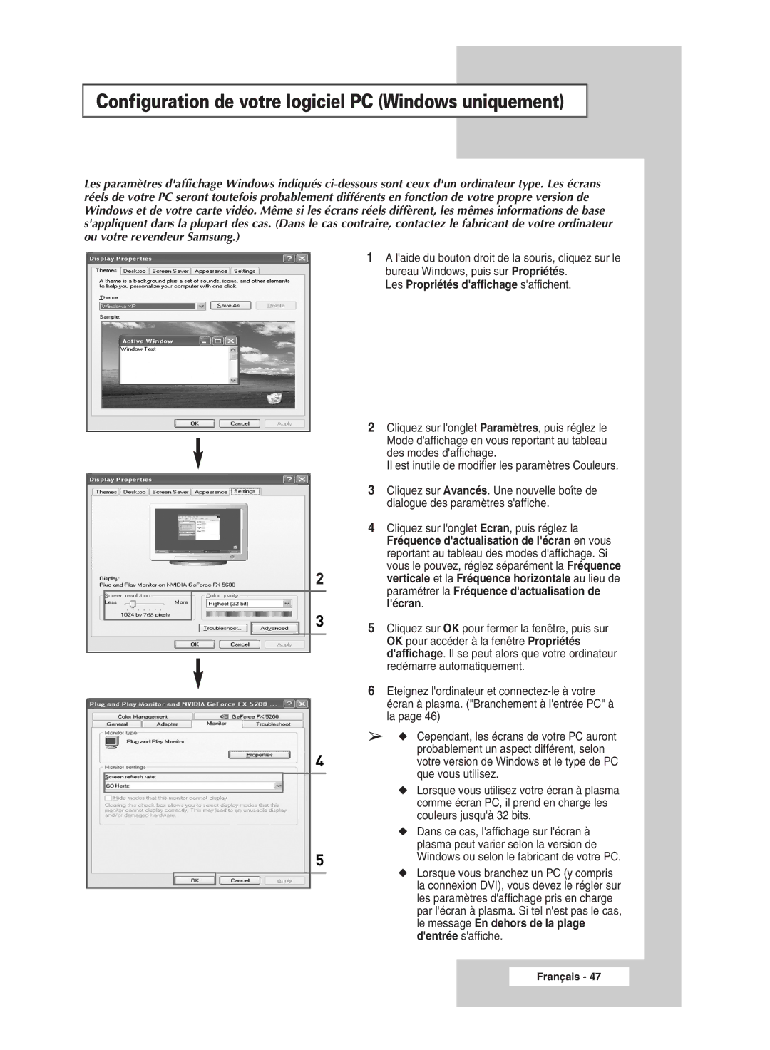 Samsung PPM63M5HSX/EDC manual Configuration de votre logiciel PC Windows uniquement, Les Propriétés daffichage saffichent 