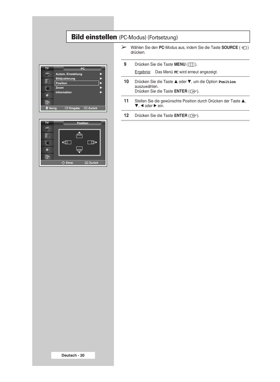 Samsung PPM42M5SSX/EDC, PPM42M5HSX/EDC, PPM50M5HSX/EDC, PPM63M5HSX/EDC manual Bild einstellen PC-Modus Fortsetzung 