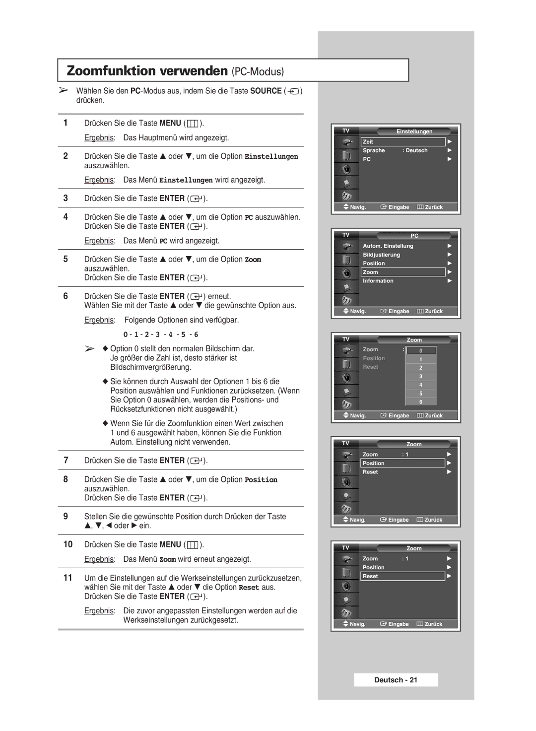 Samsung PPM42M5HSX/EDC, PPM42M5SSX/EDC, PPM50M5HSX/EDC, PPM63M5HSX/EDC manual Zoomfunktion verwenden PC-Modus, 2 3 4 5 