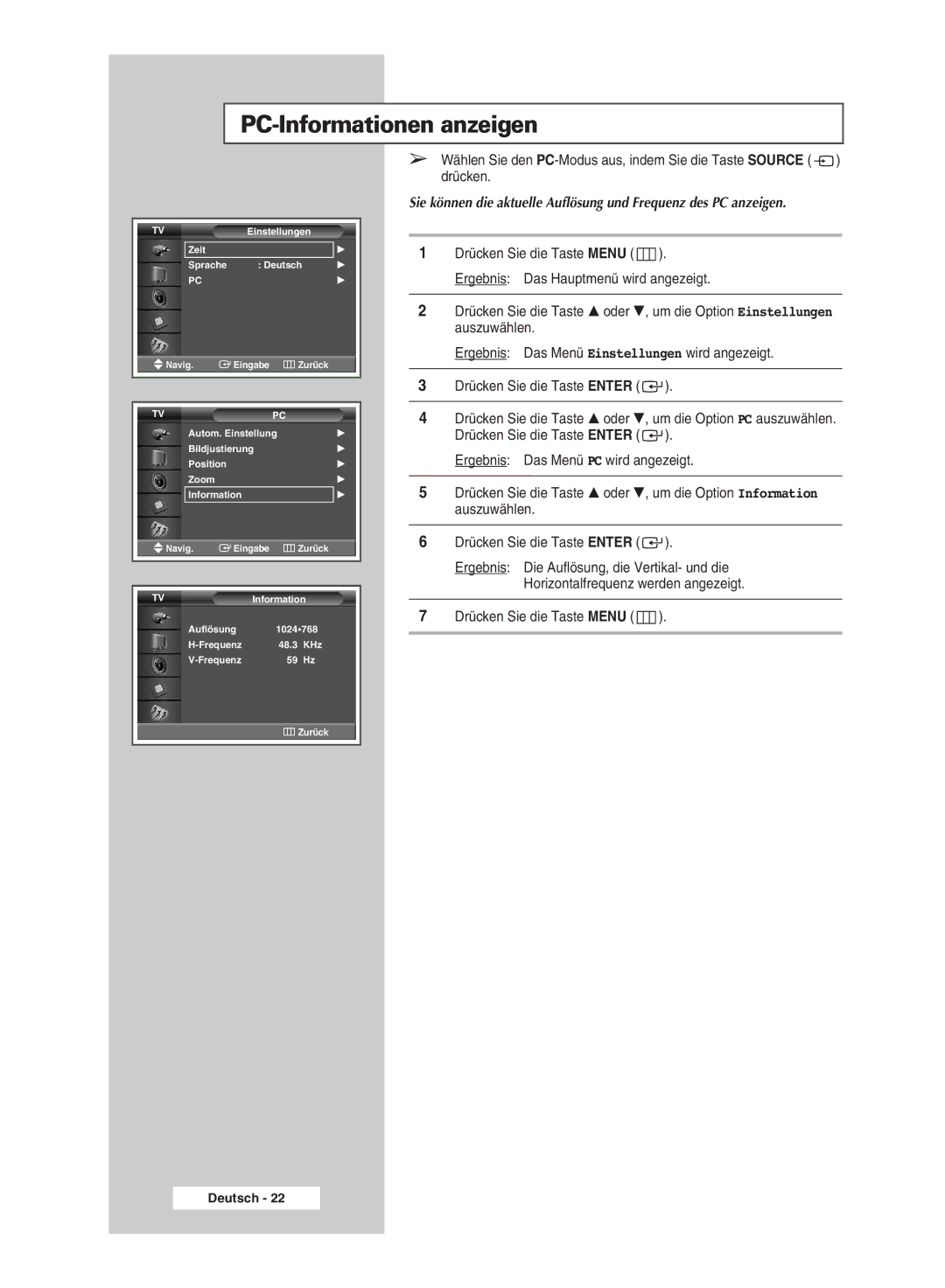 Samsung PPM50M5HSX/EDC, PPM42M5SSX/EDC, PPM42M5HSX/EDC, PPM63M5HSX/EDC manual PC-Informationen anzeigen 