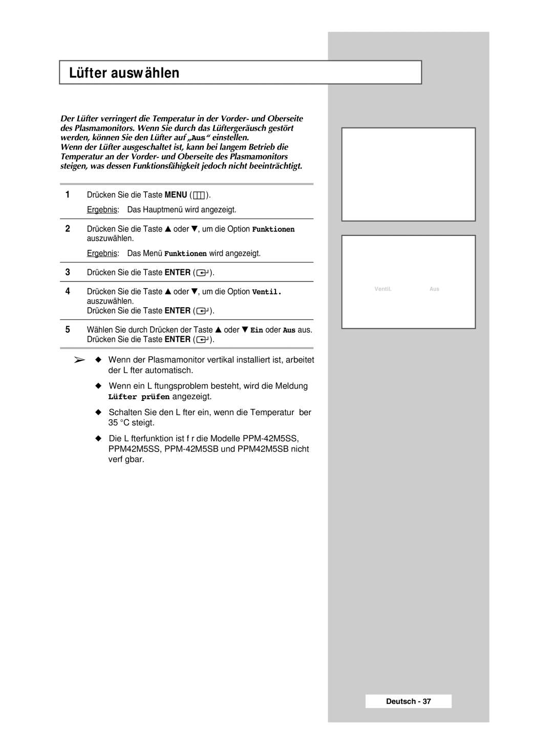 Samsung PPM42M5HSX/EDC, PPM42M5SSX/EDC, PPM50M5HSX/EDC, PPM63M5HSX/EDC manual Lüfter auswählen, Lüfter prüfen angezeigt 