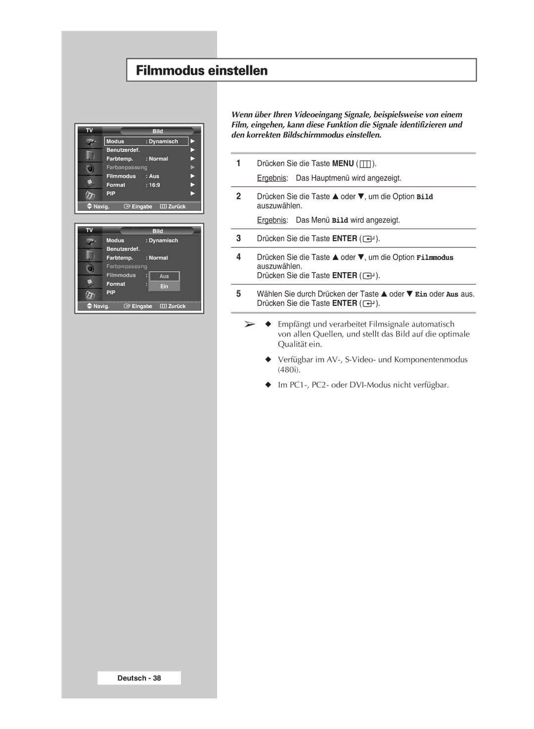 Samsung PPM50M5HSX/EDC, PPM42M5SSX/EDC, PPM42M5HSX/EDC, PPM63M5HSX/EDC manual Filmmodus einstellen 