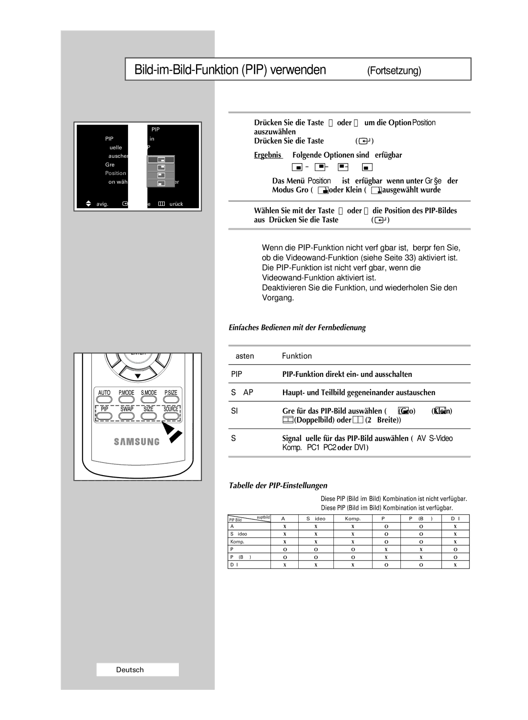 Samsung PPM42M5SSX/EDC manual Bild-im-Bild-Funktion PIP verwenden Fortsetzung, Einfaches Bedienen mit der Fernbedienung 