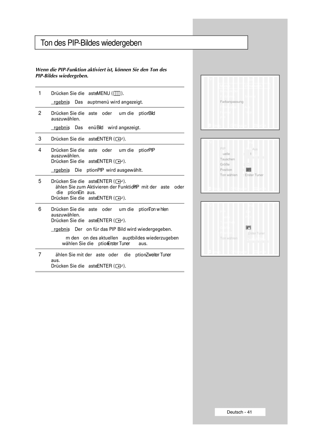 Samsung PPM42M5HSX/EDC, PPM42M5SSX/EDC, PPM50M5HSX/EDC, PPM63M5HSX/EDC manual Ton des PIP-Bildes wiedergeben 