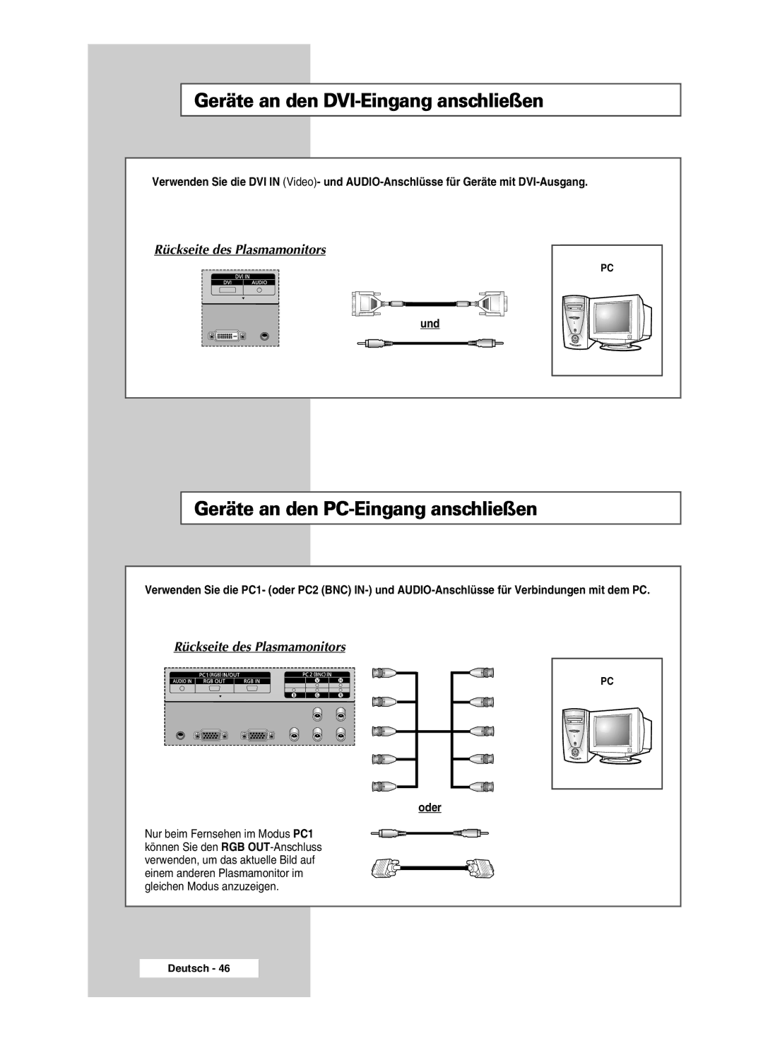 Samsung PPM50M5HSX/EDC, PPM42M5SSX/EDC manual Geräte an den DVI-Eingang anschließen, Geräte an den PC-Eingang anschließen 