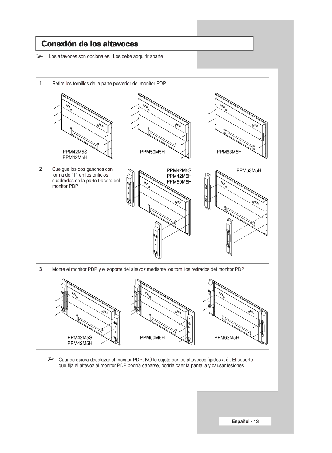 Samsung PPM42M5HSX/EDC manual Cuelgue los dos ganchos con, Forma de T en los orificios, Cuadrados de la parte trasera del 