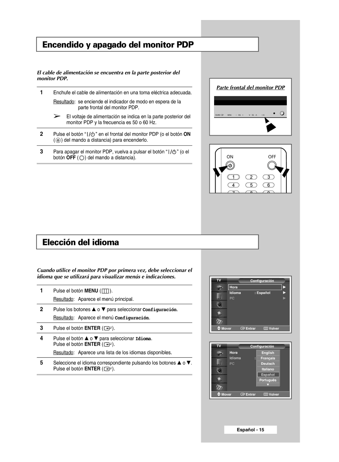 Samsung PPM63M5HSX/EDC manual Encendido y apagado del monitor PDP, Elección del idioma, Botón OFF Del mando a distancia 