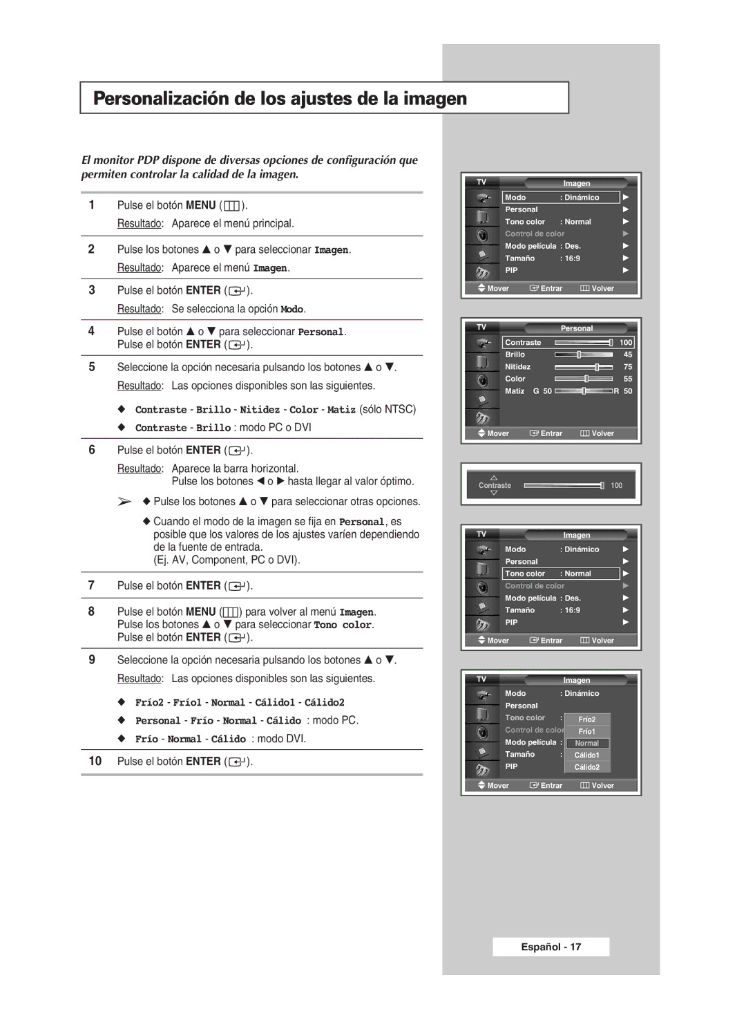 Samsung PPM42M5HSX/EDC, PPM42M5SSX/EDC manual Personalización de los ajustes de la imagen, Contraste Brillo modo PC o DVI 