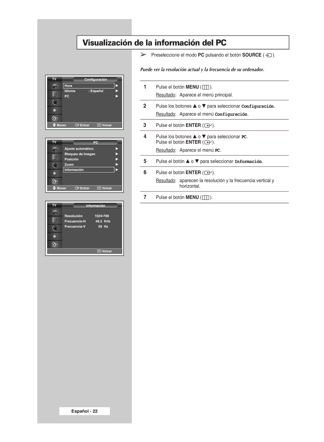 Samsung PPM50M5HSX/EDC, PPM42M5SSX/EDC, PPM42M5HSX/EDC, PPM63M5HSX/EDC manual Visualización de la información del PC 