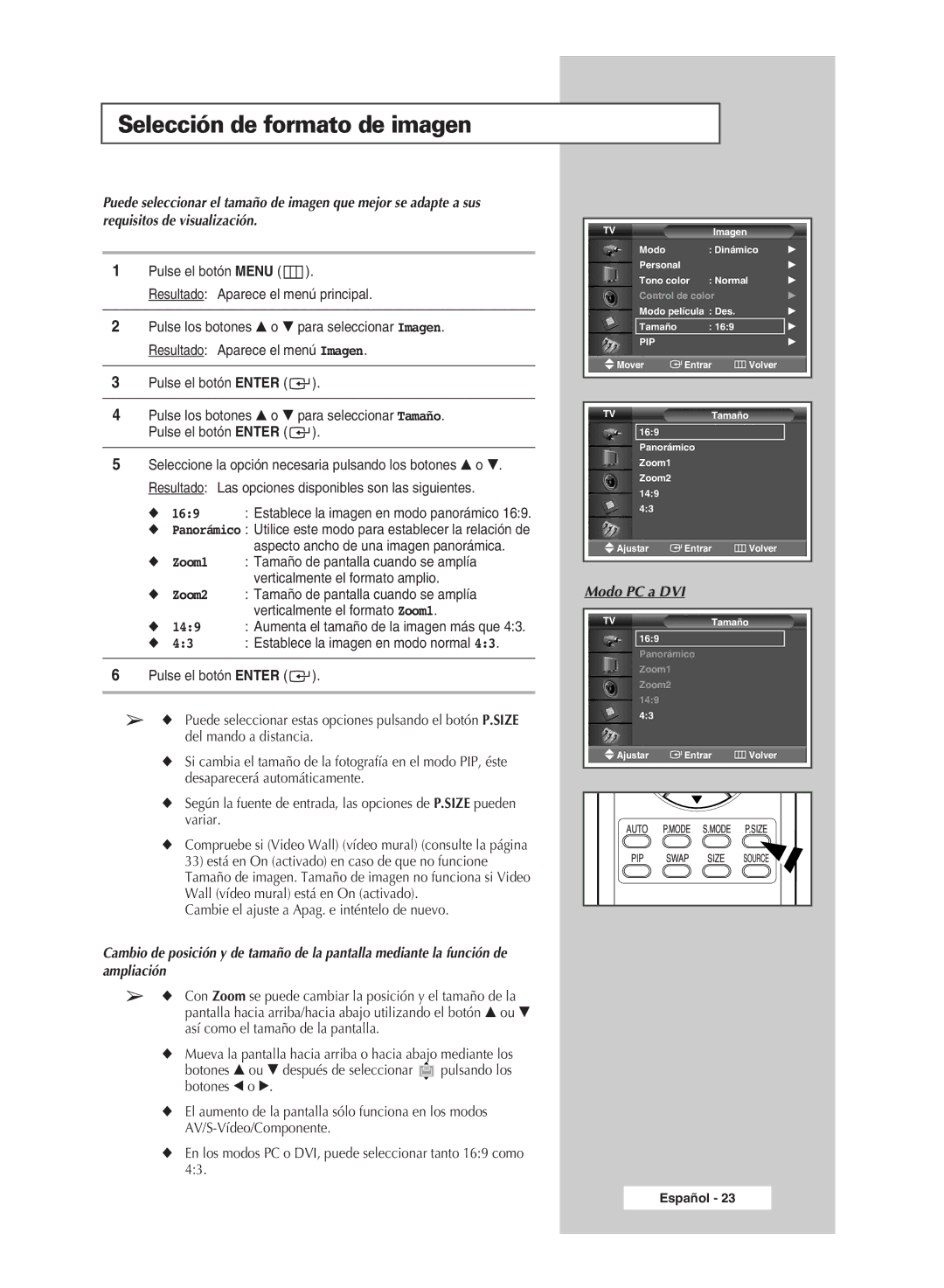 Samsung PPM63M5HSX/EDC, PPM42M5SSX/EDC manual Selección de formato de imagen, Establece la imagen en modo panorámico 