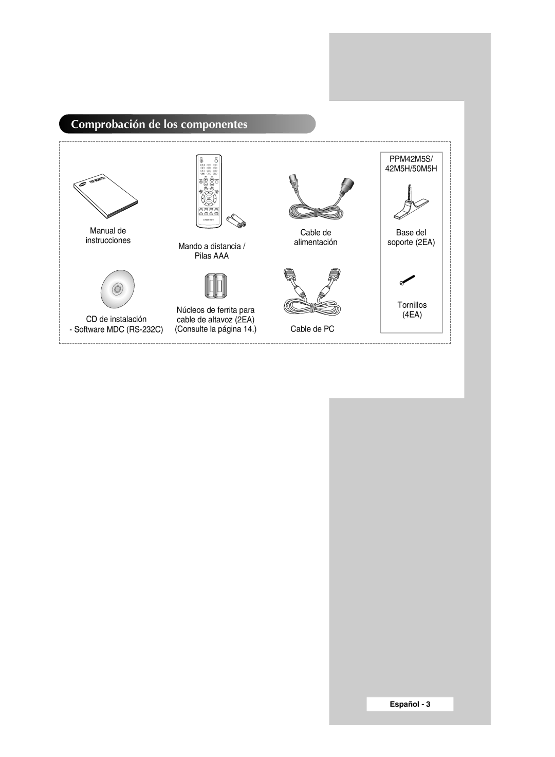 Samsung PPM63M5HSX/EDC, PPM42M5SSX/EDC Cable de Alimentación Cable de PC, 42M5H/50M5H Base del Soporte 2EA Tornillos 4EA 