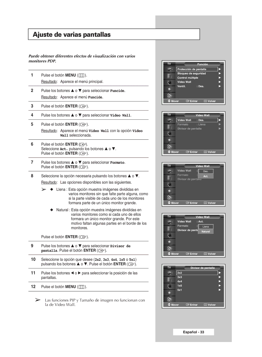 Samsung PPM42M5HSX/EDC, PPM42M5SSX/EDC, PPM50M5HSX/EDC, PPM63M5HSX/EDC manual Ajuste de varias pantallas 