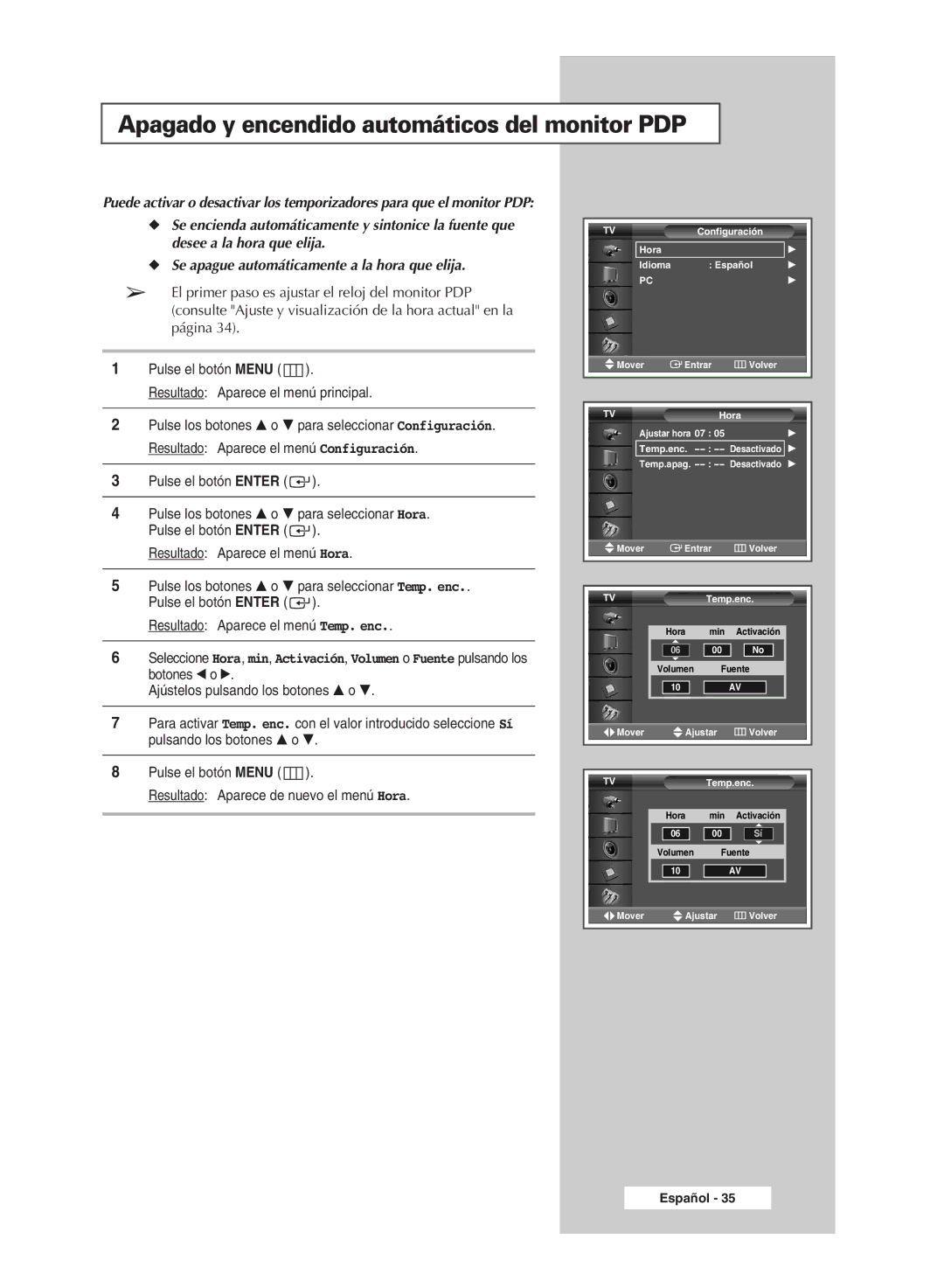 Samsung PPM63M5HSX/EDC, PPM42M5SSX/EDC, PPM42M5HSX/EDC, PPM50M5HSX/EDC manual Apagado y encendido automáticos del monitor PDP 