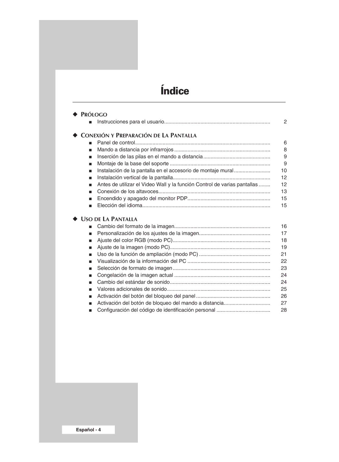 Samsung PPM42M5SSX/EDC, PPM42M5HSX/EDC, PPM50M5HSX/EDC, PPM63M5HSX/EDC manual Índice, Instrucciones para el usuario 