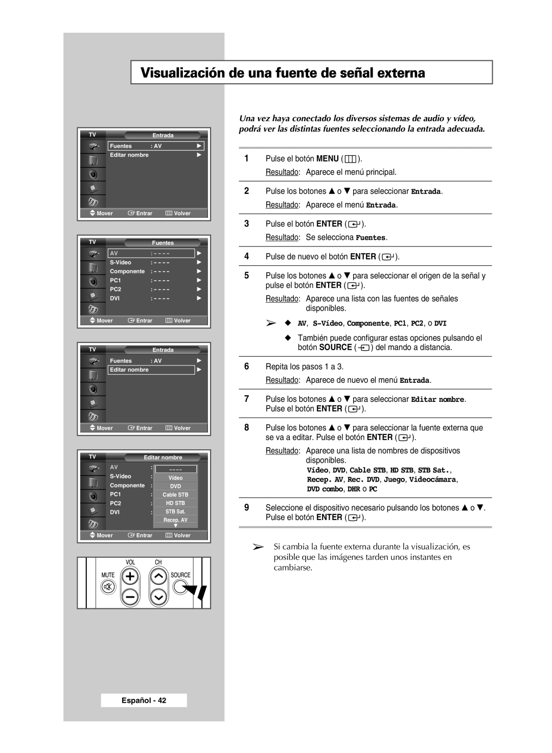 Samsung PPM50M5HSX/EDC manual Visualización de una fuente de señal externa, AV, S-Vídeo,Componente, PC1, PC2, o DVI 