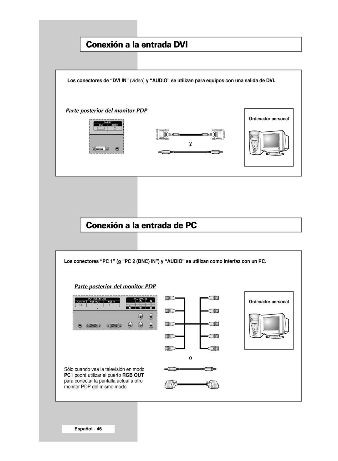 Samsung PPM50M5HSX/EDC, PPM42M5SSX/EDC, PPM42M5HSX/EDC manual Conexión a la entrada DVI, Conexión a la entrada de PC 