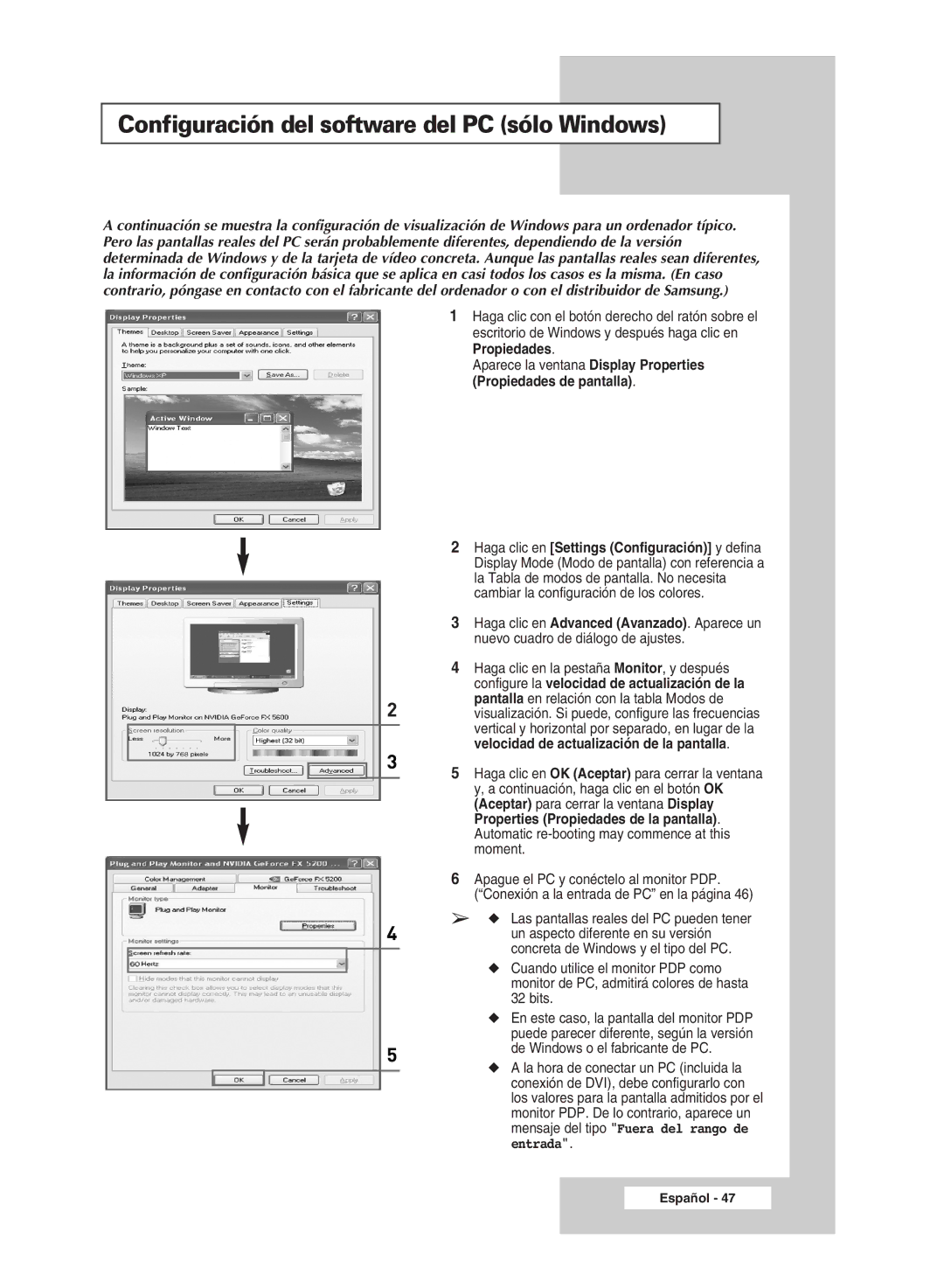 Samsung PPM63M5HSX/EDC, PPM42M5SSX/EDC, PPM42M5HSX/EDC, PPM50M5HSX/EDC manual Configuración del software del PC sólo Windows 