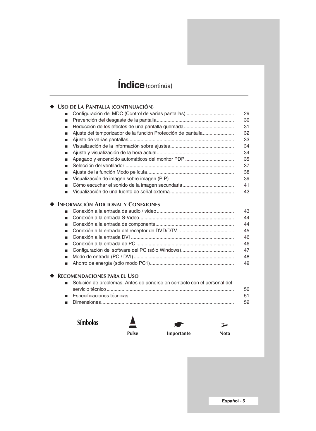 Samsung PPM42M5HSX/EDC, PPM42M5SSX/EDC, PPM50M5HSX/EDC, PPM63M5HSX/EDC manual Símbolos 