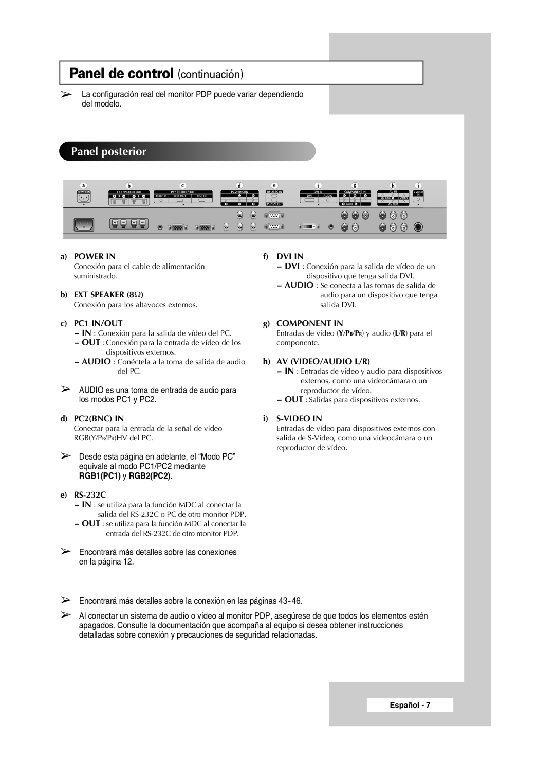 Samsung PPM63M5HSX/EDC manual Panel de control continuación, Encontrará más detalles sobre las conexiones en la página 