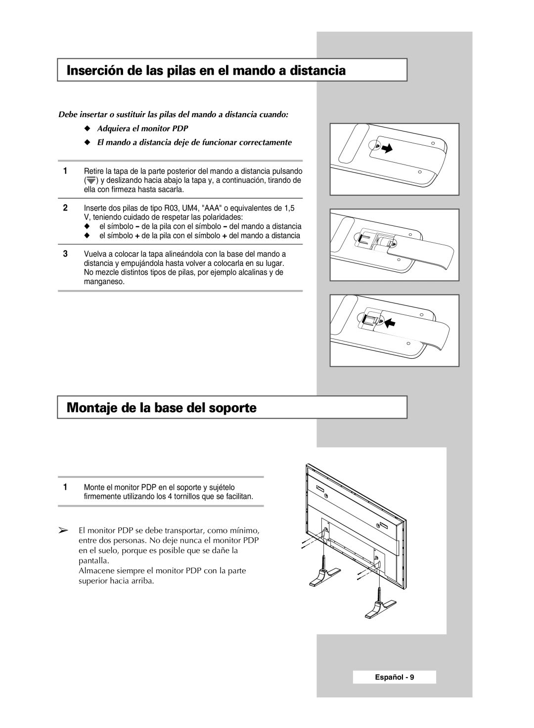 Samsung PPM42M5HSX/EDC, PPM42M5SSX/EDC manual Inserción de las pilas en el mando a distancia, Montaje de la base del soporte 