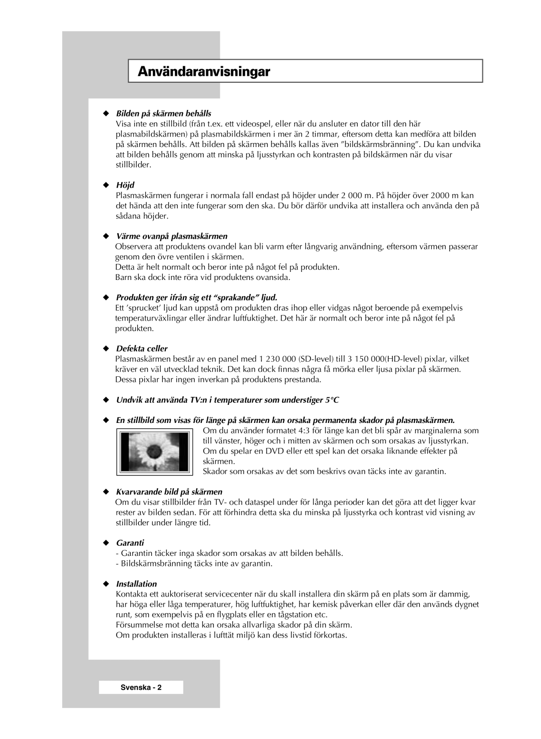 Samsung PPM50M5HSX/EDC, PPM42M5SSX/EDC, PPM42M5HSX/EDC, PPM63M5HSX/EDC manual Användaranvisningar, Bilden på skärmen behålls 