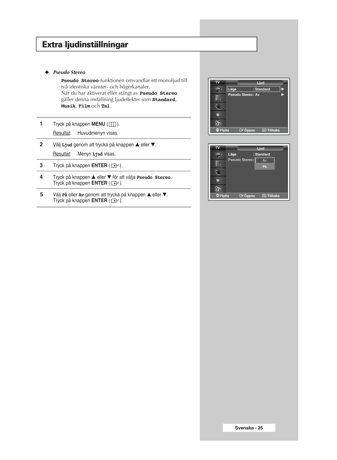 Samsung PPM42M5HSX/EDC, PPM42M5SSX/EDC, PPM50M5HSX/EDC, PPM63M5HSX/EDC manual Extra ljudinställningar, Pseudo Stereo 