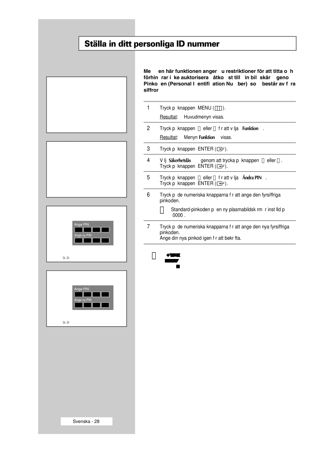 Samsung PPM42M5SSX/EDC, PPM42M5HSX/EDC, PPM50M5HSX/EDC, PPM63M5HSX/EDC manual Ställa in ditt personliga ID-nummer 