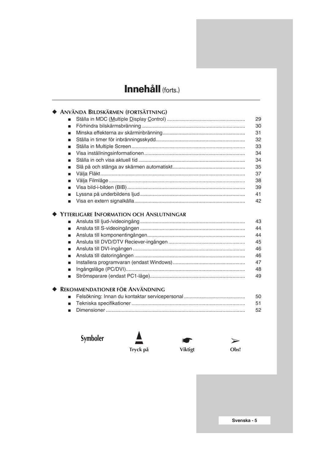 Samsung PPM42M5HSX/EDC, PPM42M5SSX/EDC, PPM50M5HSX/EDC, PPM63M5HSX/EDC manual Innehållforts 