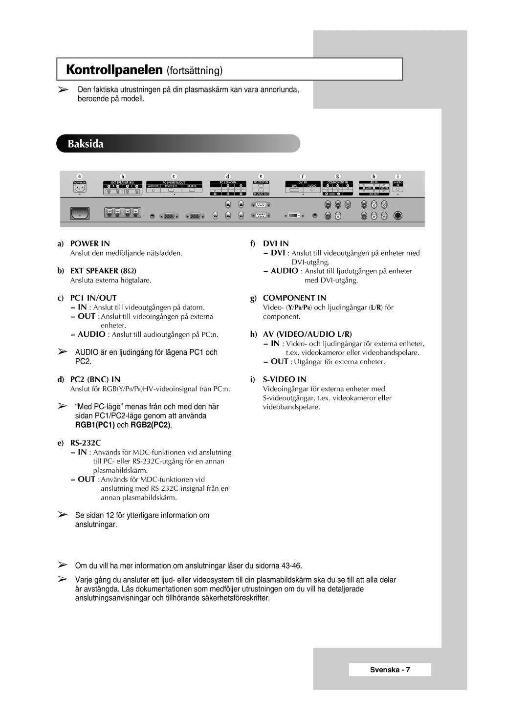 Samsung PPM63M5HSX/EDC, PPM42M5SSX/EDC, PPM42M5HSX/EDC, PPM50M5HSX/EDC manual Kontrollpanelen fortsättning, Baksida 