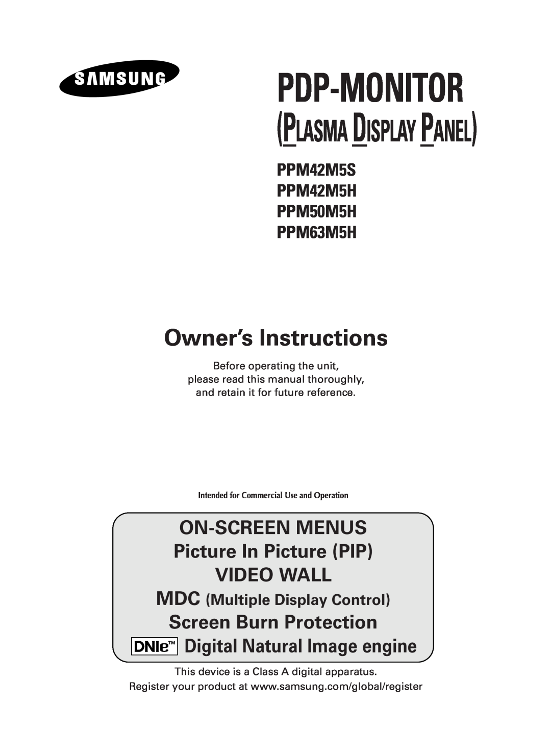 Samsung PPM42M5HSX/EDC manual PPM42M5S PPM42M5H PPM50M5H PPM63M5H, Avsedd för kommersiellt bruk, Pdp-Monitor 