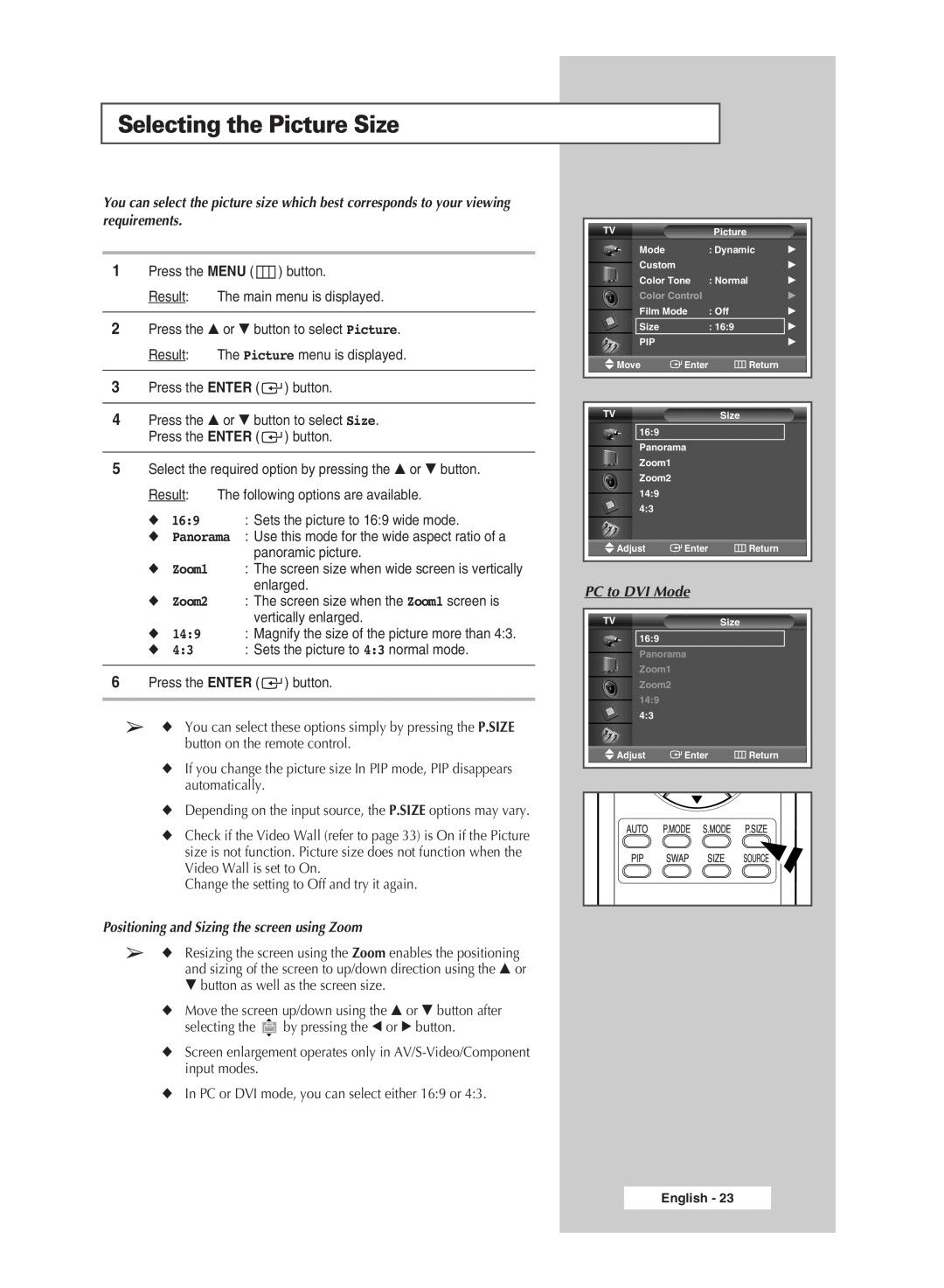 Samsung PPM63M5HSX/EDC manual Selecting the Picture Size, Positioning and Sizing the screen using Zoom, PC to DVI Mode 