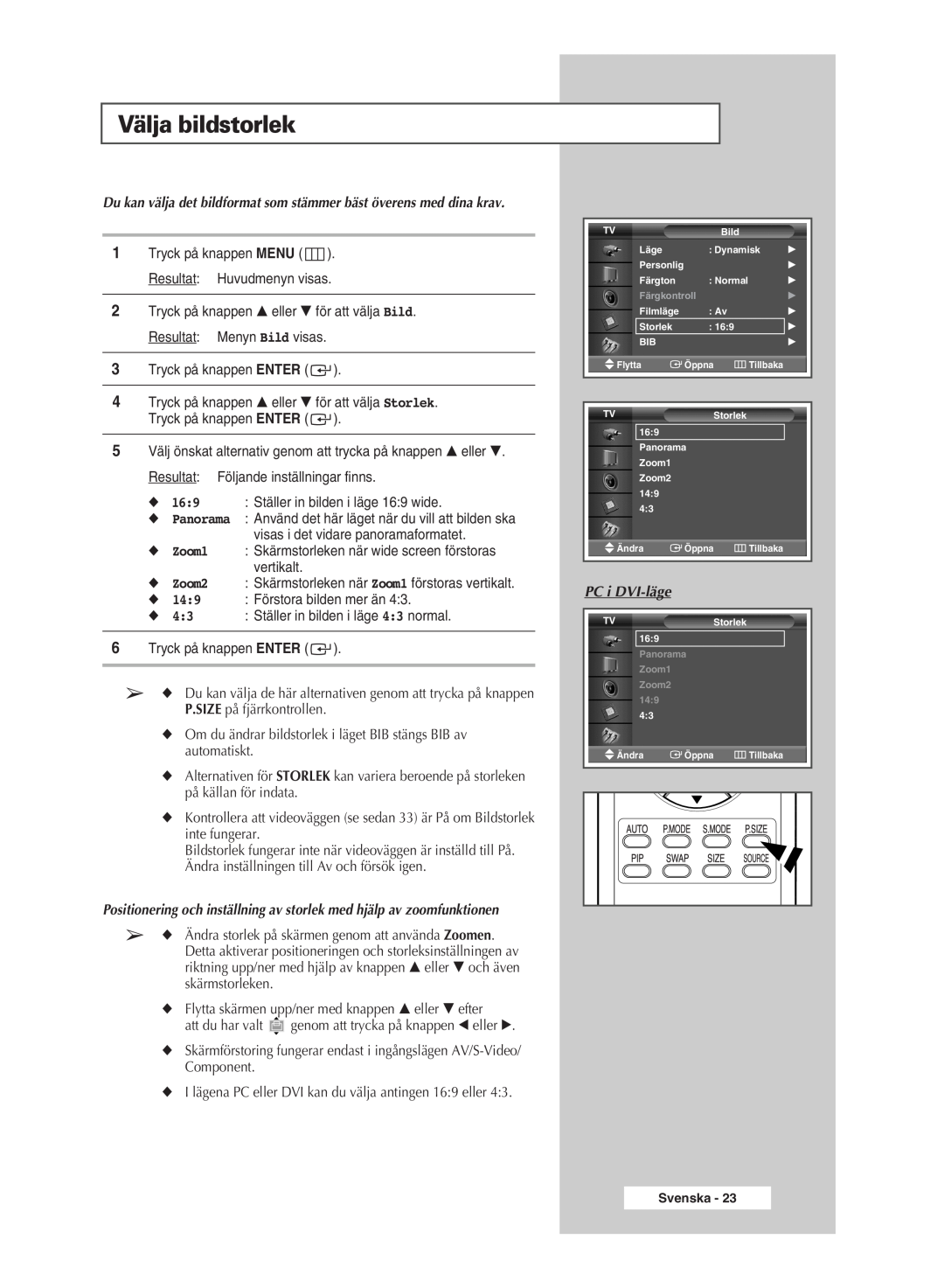 Samsung PPM63M5HSX/EDC manual Välja bildstorlek, Positionering och inställning av storlek med hjälp av zoomfunktionen 