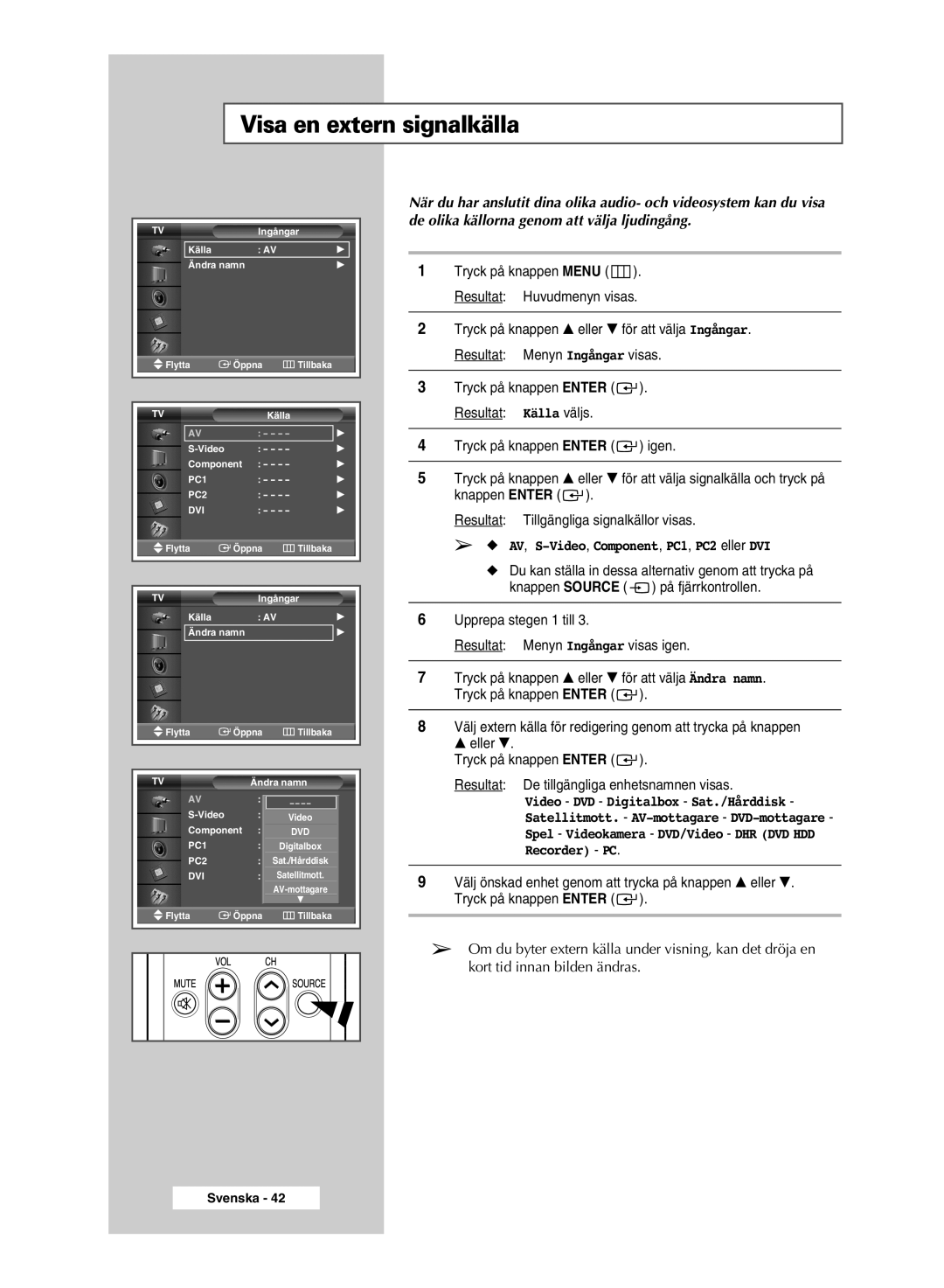 Samsung PPM50M5HSX/EDC, PPM42M5SSX/EDC manual Visa en extern signalkälla, AV, S-Video, Component, PC1, PC2 eller DVI 