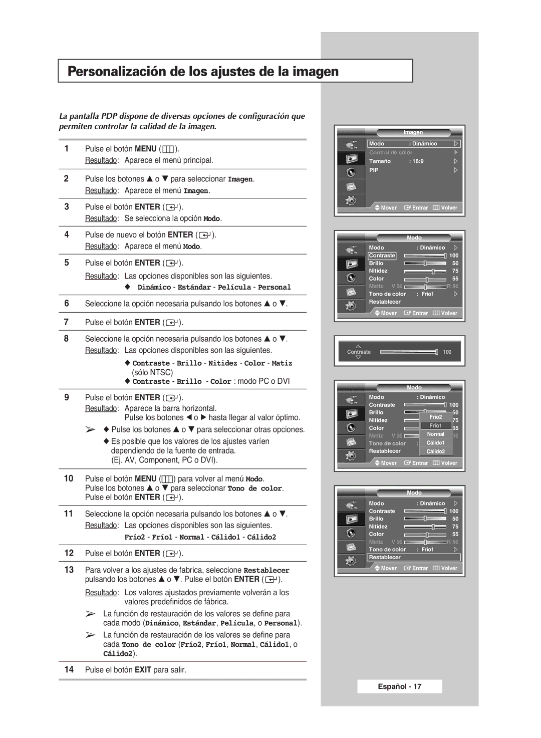 Samsung PPM63M6H, PPM42M6H, PPM50M6H manual Personalización de los ajustes de la imagen, Contraste Brillo Nitidez Color Matiz 