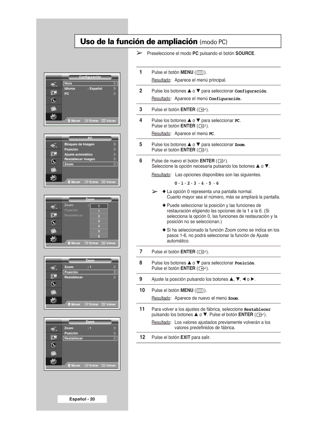 Samsung PPM42M6H, PPM63M6H, PPM50M6H, PPM42M6S manual Uso de la función de ampliación modo PC, 2 3 4 5 