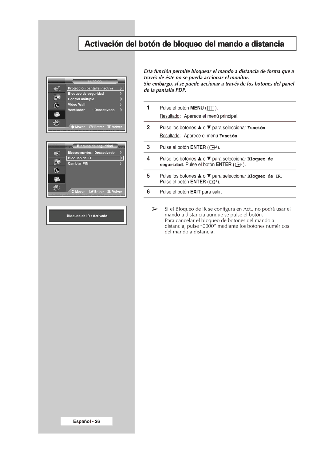 Samsung PPM50M6H, PPM42M6H, PPM63M6H, PPM42M6S manual Activación del botón de bloqueo del mando a distancia 