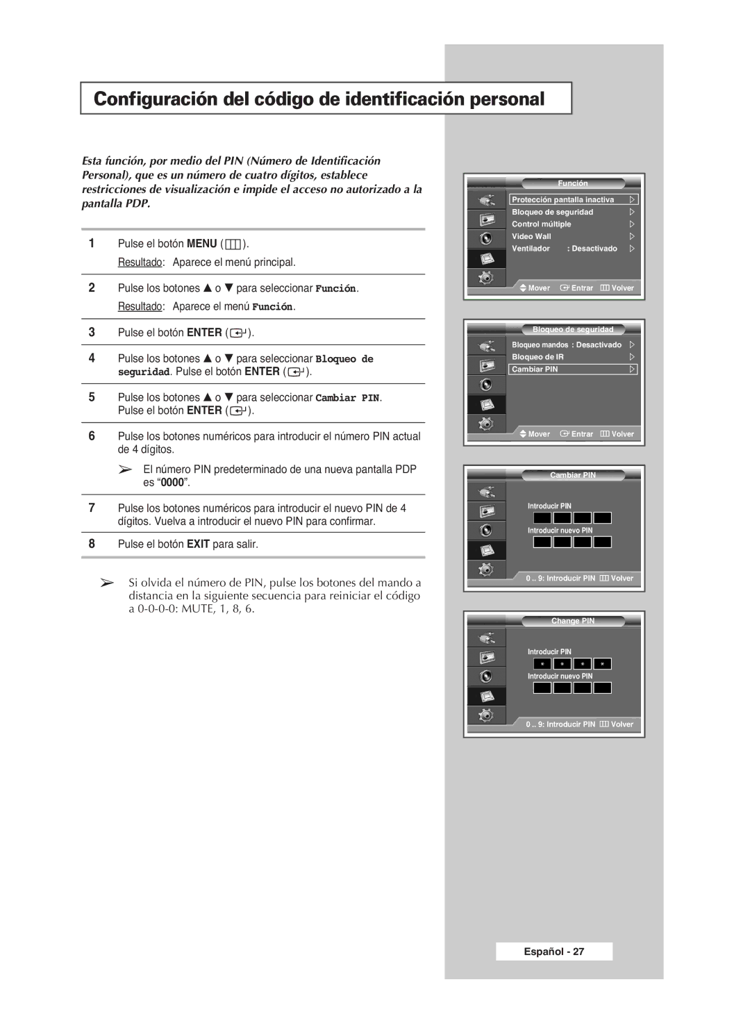 Samsung PPM42M6S, PPM42M6H, PPM63M6H, PPM50M6H manual Configuración del código de identificación personal 