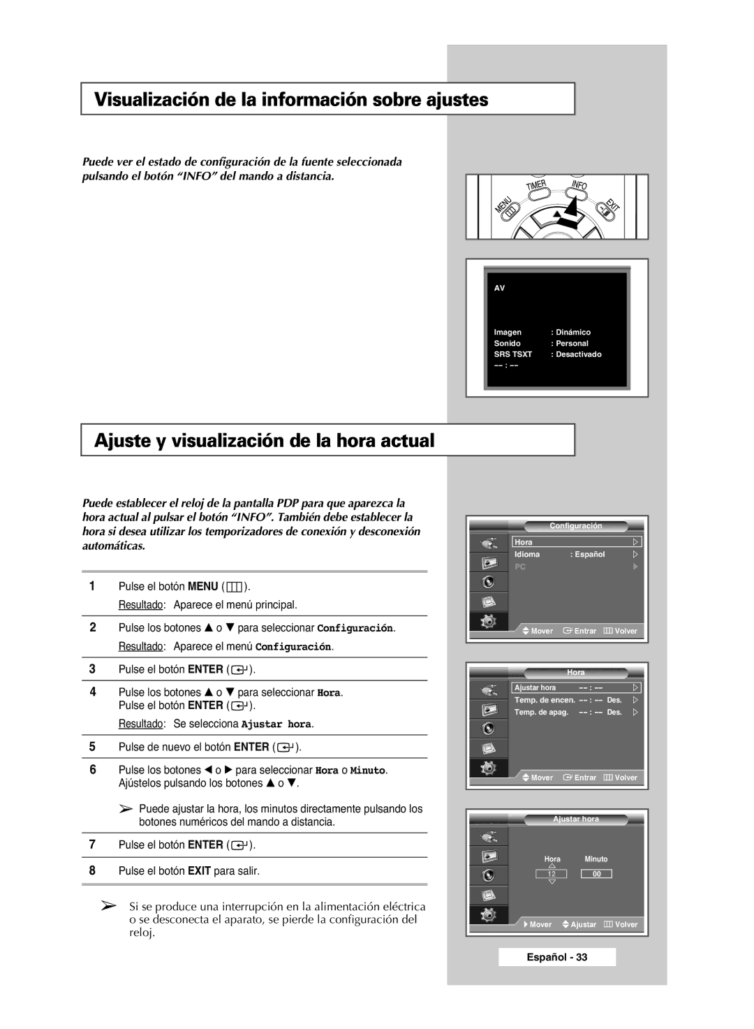 Samsung PPM63M6H, PPM42M6H manual Visualización de la información sobre ajustes, Ajuste y visualización de la hora actual 