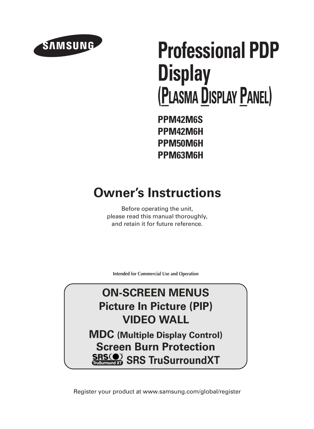 Samsung PPM63M6H, PPM42M6H, PPM50M6H, PPM42M6S manual Pantalla DE Plasma, Pensado para uso comercial 