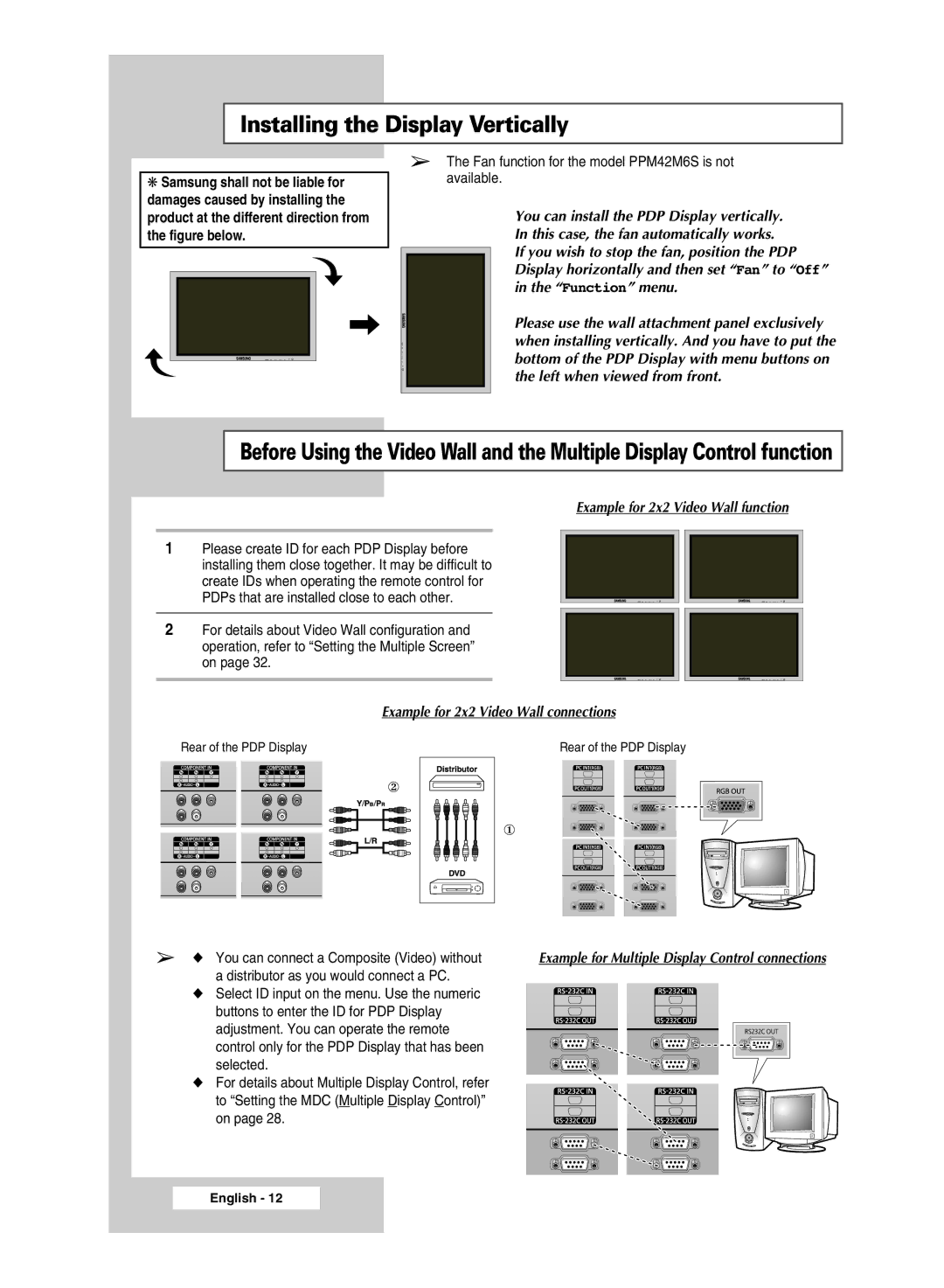 Samsung PPM42M6H, PPM63M6H, PPM50M6H, PPM42M6S manual Installing the Display Vertically 