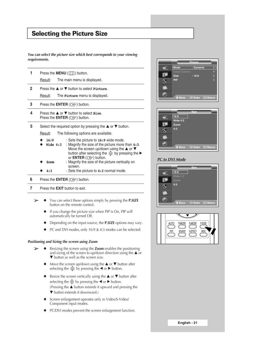 Samsung PPM63M6H, PPM42M6H, PPM50M6H, PPM42M6S manual Selecting the Picture Size, Positioning and Sizing the screen using Zoom 