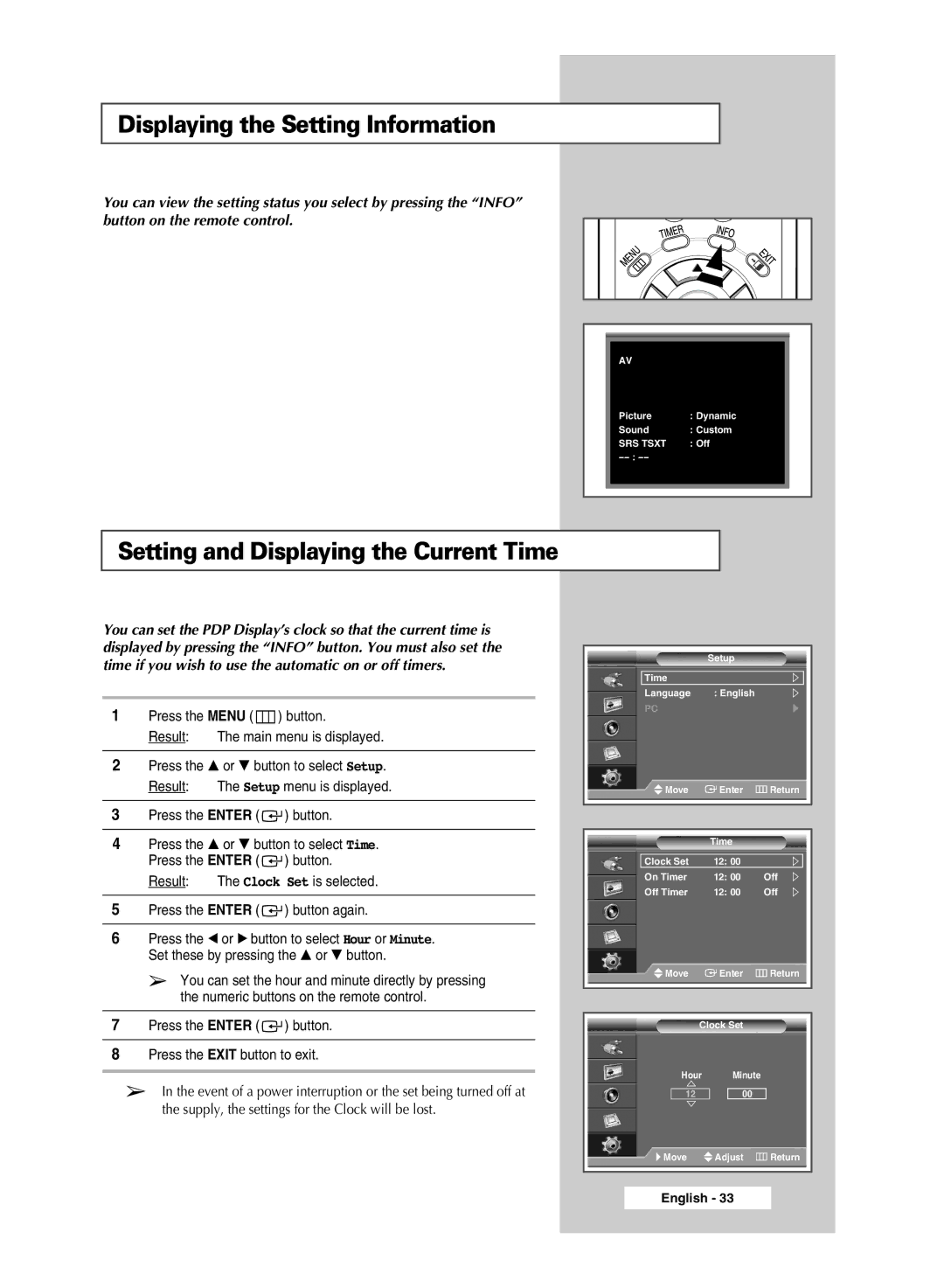 Samsung PPM63M6H, PPM42M6H, PPM50M6H, PPM42M6S Displaying the Setting Information, Setting and Displaying the Current Time 