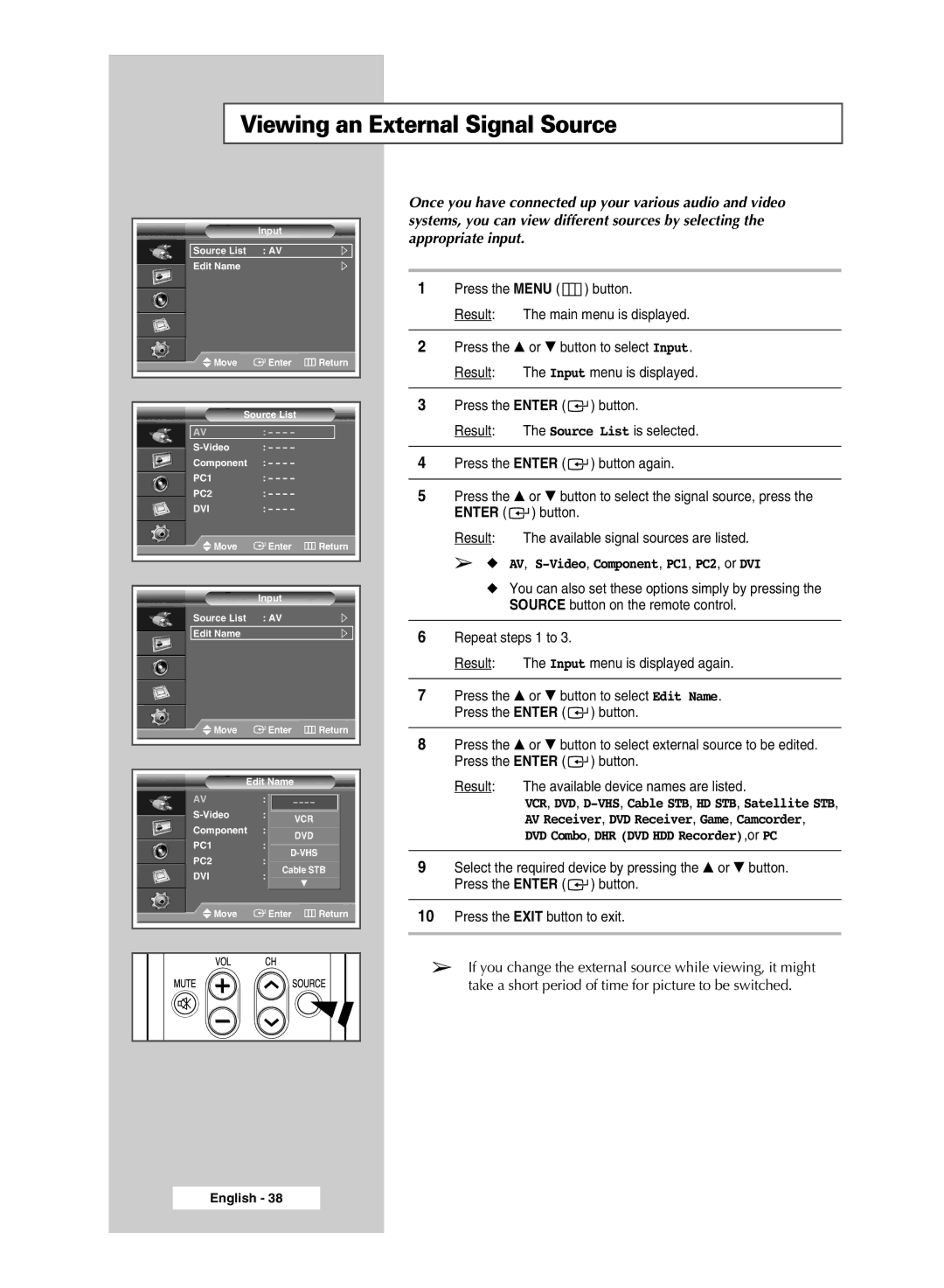 Samsung PPM50M6H, PPM42M6H, PPM63M6H, PPM42M6S Viewing an External Signal Source, AV, S-Video,Component, PC1, PC2, or DVI 