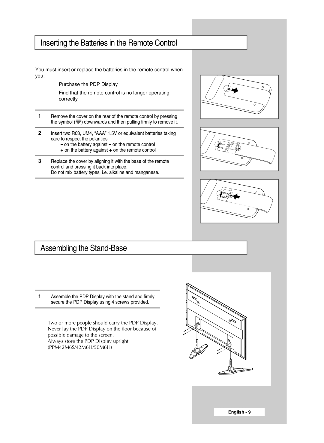 Samsung PPM63M6H, PPM42M6H, PPM50M6H, PPM42M6S manual Inserting the Batteries in the Remote Control, Assembling the Stand-Base 