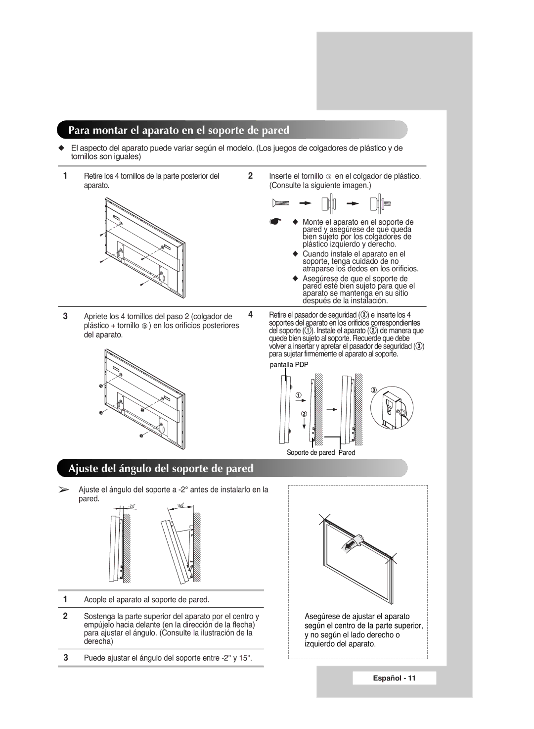 Samsung PPM42M6S, PPM42M6H, PPM63M6H Para montar el aparato en el soporte de pared, Ajuste del ángulo del soporte de pared 