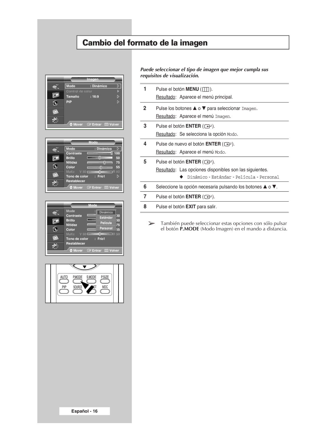 Samsung PPM42M6H, PPM63M6H, PPM50M6H, PPM42M6S manual Cambio del formato de la imagen, Pip 